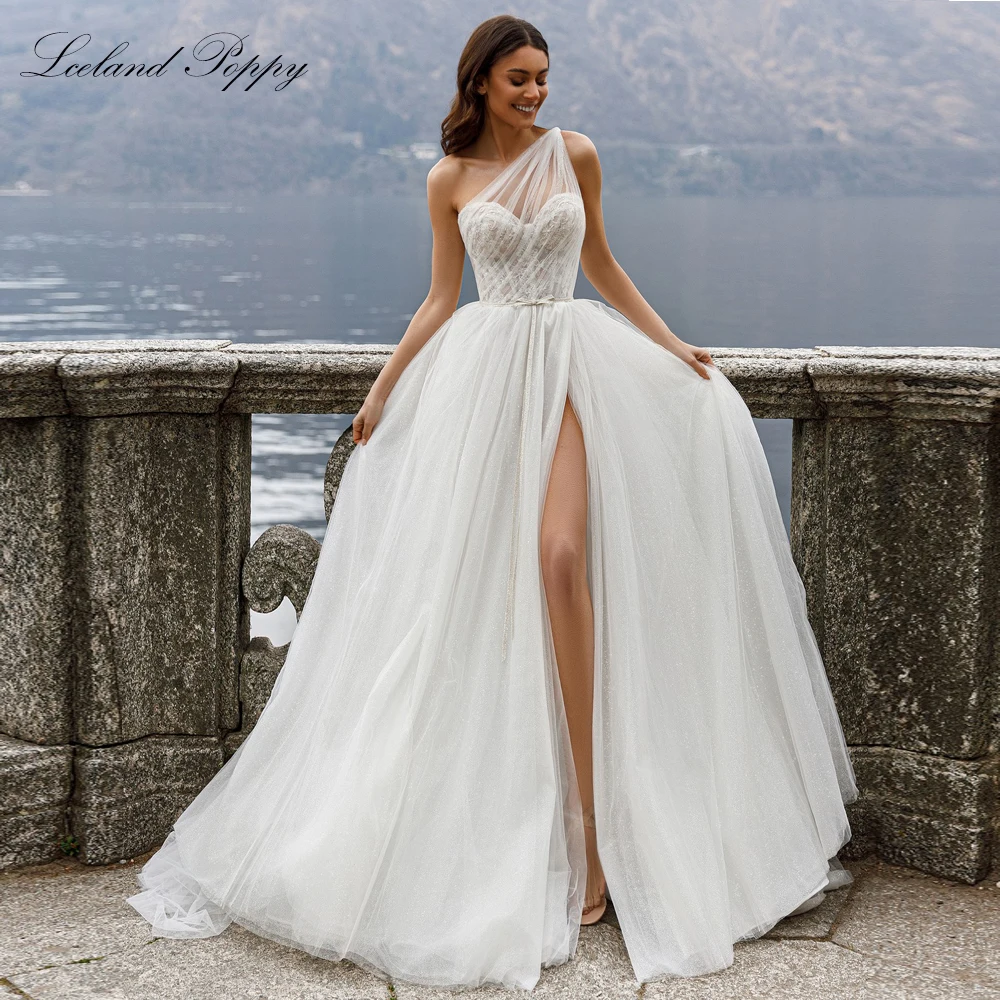 Lceland Poppy Customized A Line One Shoulder Tulle Wedding Dresses Sleeveless Pleated Lace Back Bridal Gowns with High Slit