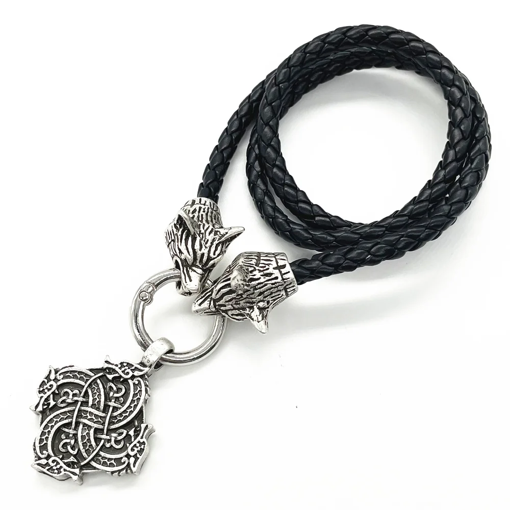 

Norse Dragon Pendant Wolf Heads Chain Male Amulet Leather Necklace Talisman Dropshipping