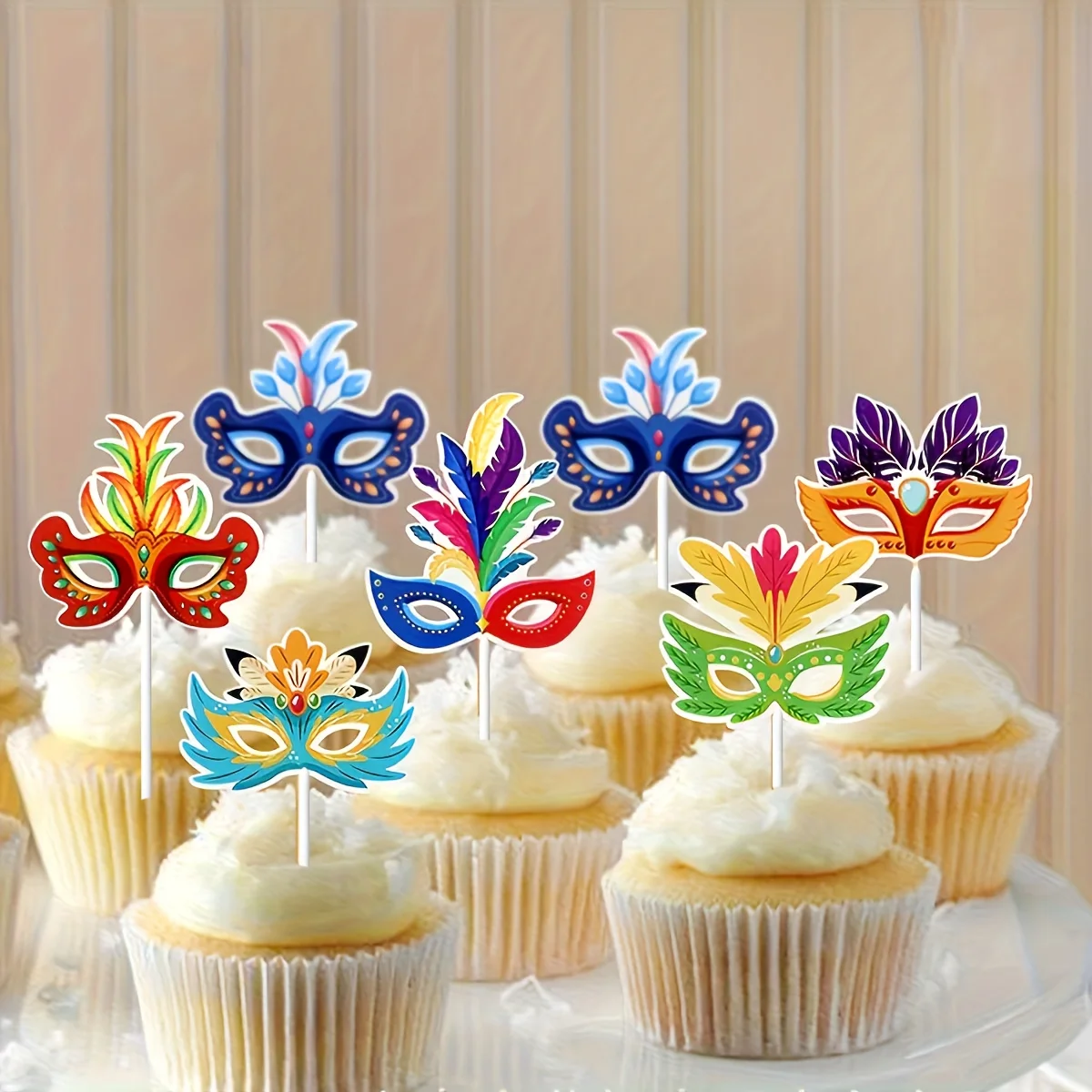 6pcs Creative Printing Half Face Mask Makeup Ball Cake Plaque Evening Theme Party Plaque Mask Dessert Dress up
