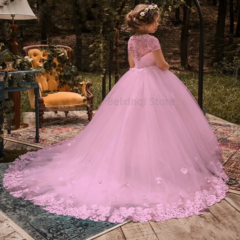 Robe de demoiselle d'honneur en ivoire pour enfants, tulle à manches courtes, appliques de dentelle, occasion formelle, robe de mariée princesse de luxe, Can Bio Poke, élégante