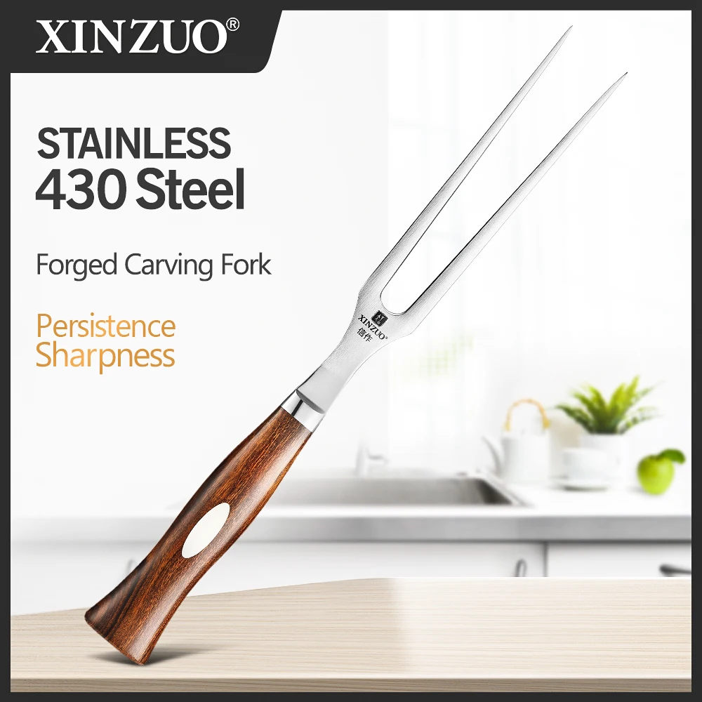 XINZUO Carving Fork Stainless Steel Restaurant Cutlery North America Desert Ironwood Handle Barbecue Cooking Accessory Tools