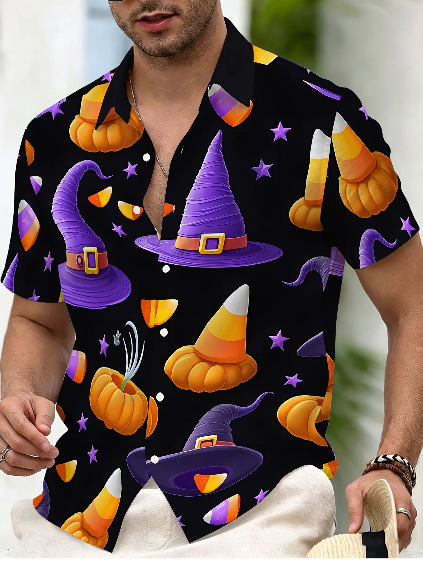 Men Halloween Witch Hat Short Sleeve Shirt Pumpkin Candy Corn Star Print Turn‑Down Collar Party Shirts