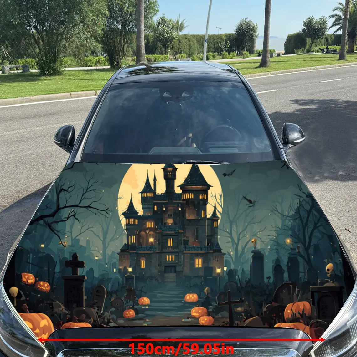 Unique Halloween Castle in a Graveyard Realm PVC Car Engine Hood Vinyl Wraps, Self-Adhesive Waterproof Car Hood Decal Sticker, C