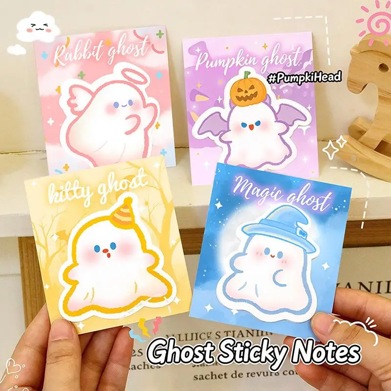 1/4Pcs Halloween Ghost Sticky Notes Set Cute Cartoon Die Cut Memo Pad Reusable Aesthetic Stationery for Kids School Office Gift