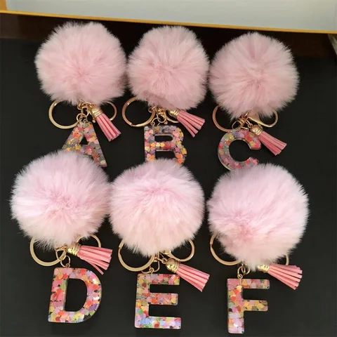 Trend Acrylic Pink Pompom Glitter 26 Initials Letter Keychain With Fluffy Resin Alphabet Charms Key Pendant Party Gift