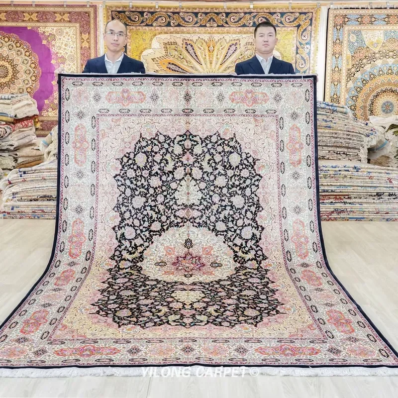 CECertificate 183x274cm Mid-century Style Interior Pure Silk Hand Knotted Persian Traditional Floral Rug Washable Non-Slip