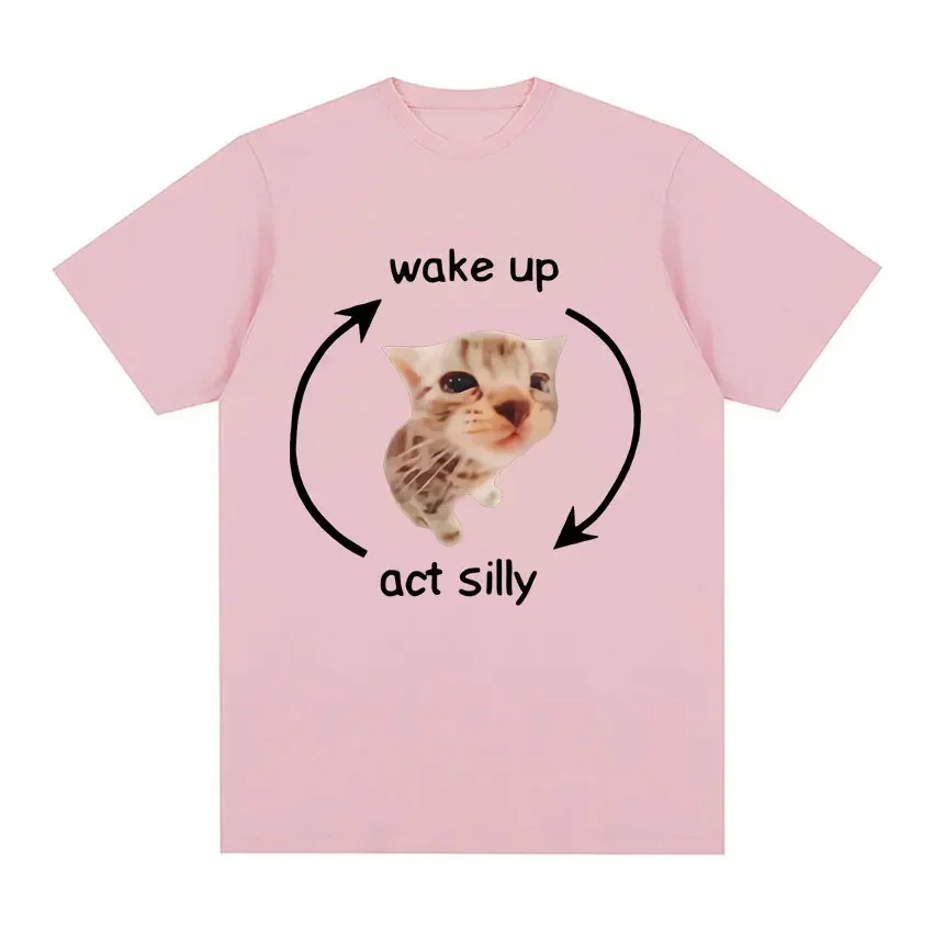 Wake Up Act Silly Meme Graphic T Shirt Funny Cute Cat Print Short Sleeve T-shirt Men Women Casual Oversized T Shirts