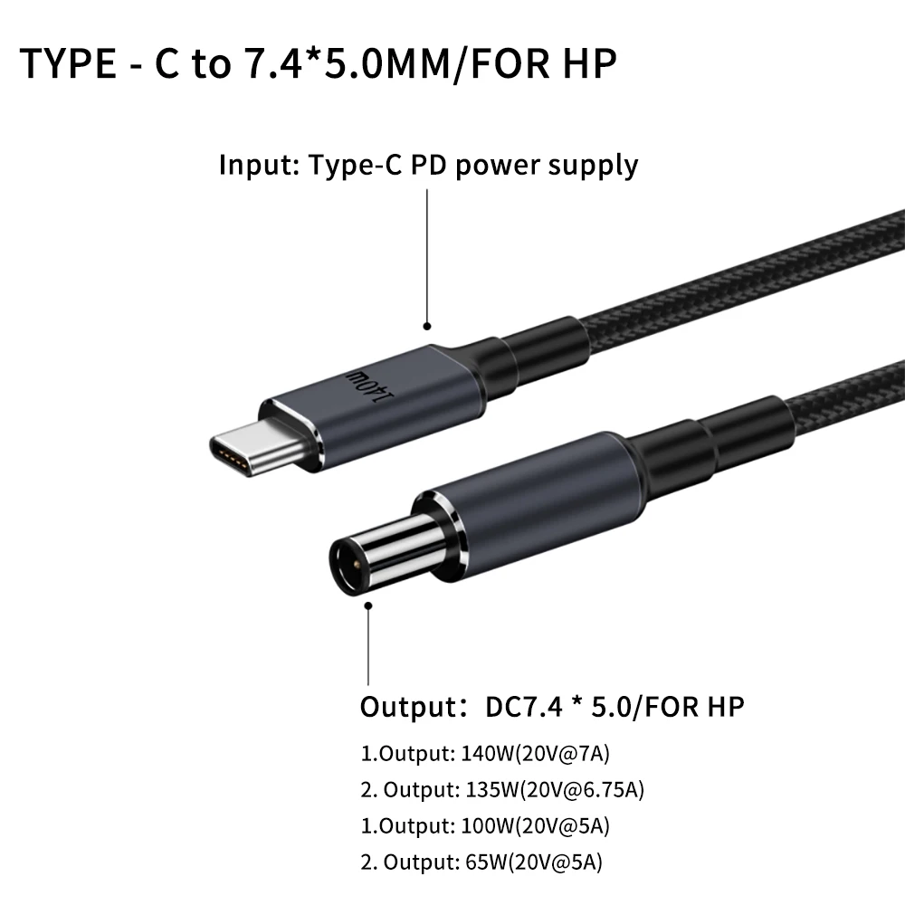 140W Typ C PD do 5.5X2.5 7.4X5.0 4.5X3.0mm Zasilacz DC Konwerter USB C Szybkie ładowanie Ładowarka do laptopa Kabel do Dell Hp Asus — zdjęcie 3