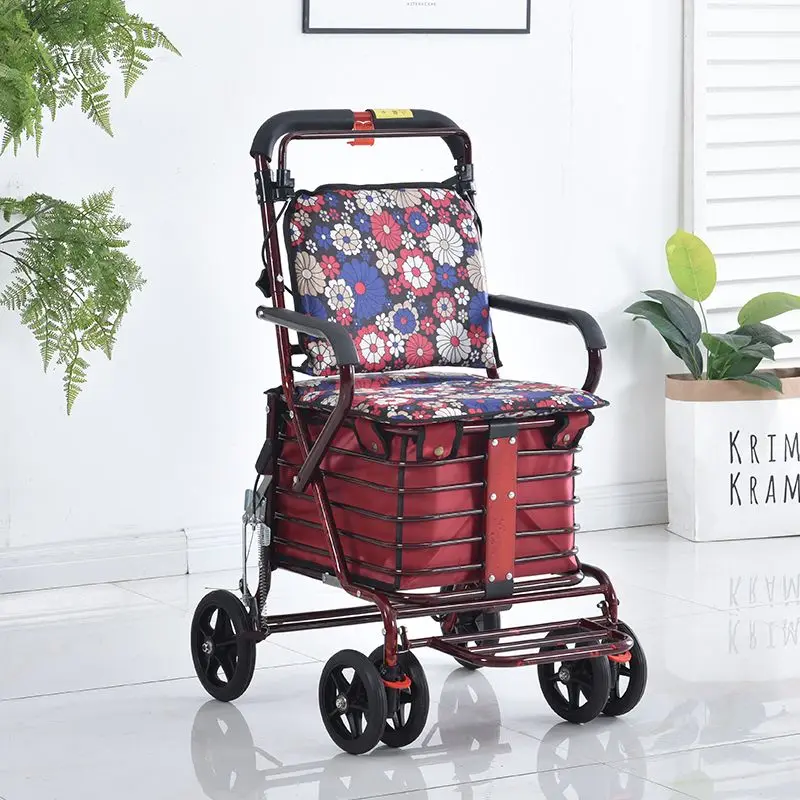 Elderly shopping cart can sit on four wheeled elderly assistance handcart, household grocery shopping can be pushed  small cart