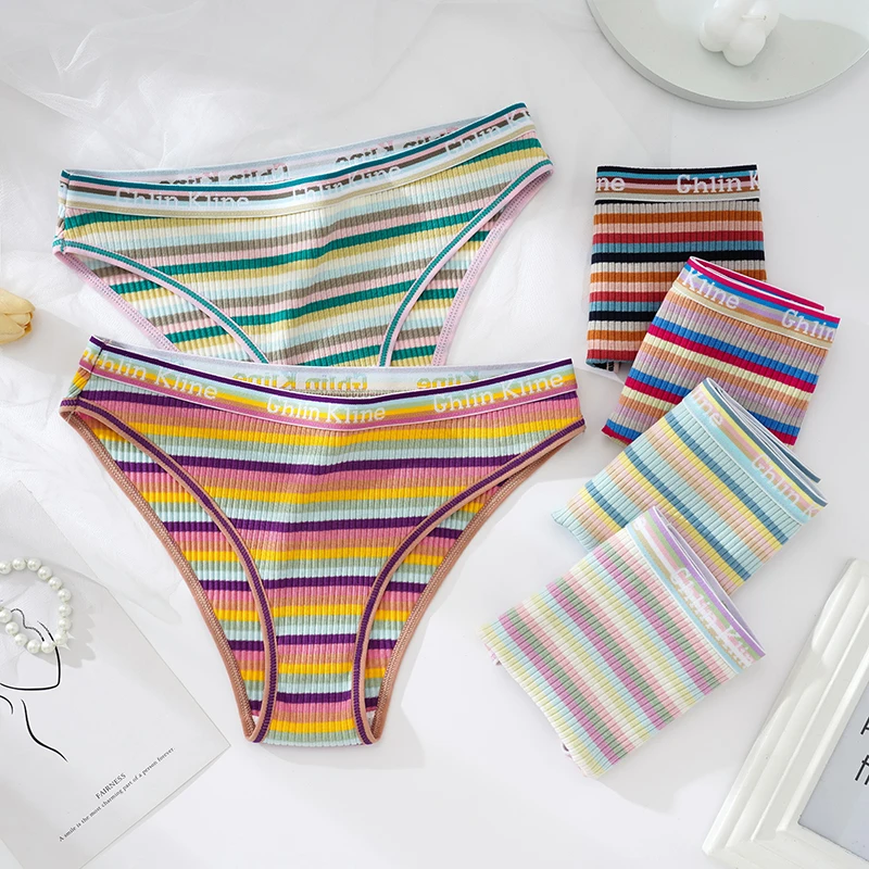 Plus Size Letter Belt Ventilation Cotton Panties for Women Sexy Underwear Colorful Striped Girl Intimates Lingerie Ladies Briefs