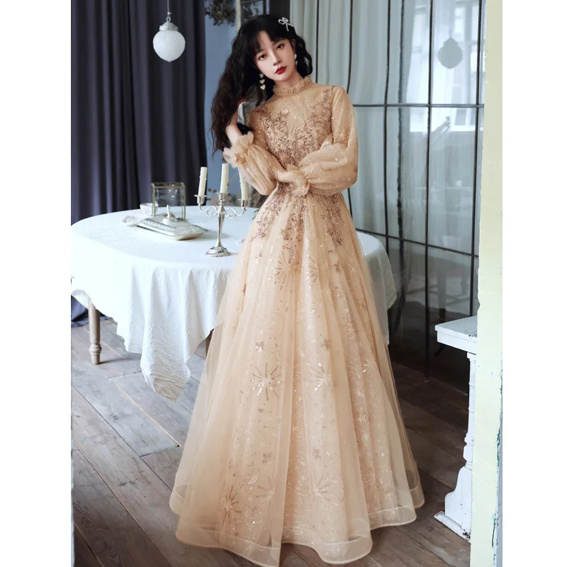 

Noble Women's Champagne Evening Dress Standing Collar Long Sleeve Applique Sequins Prom Gown 2023 Autumn Floor Length Dresses