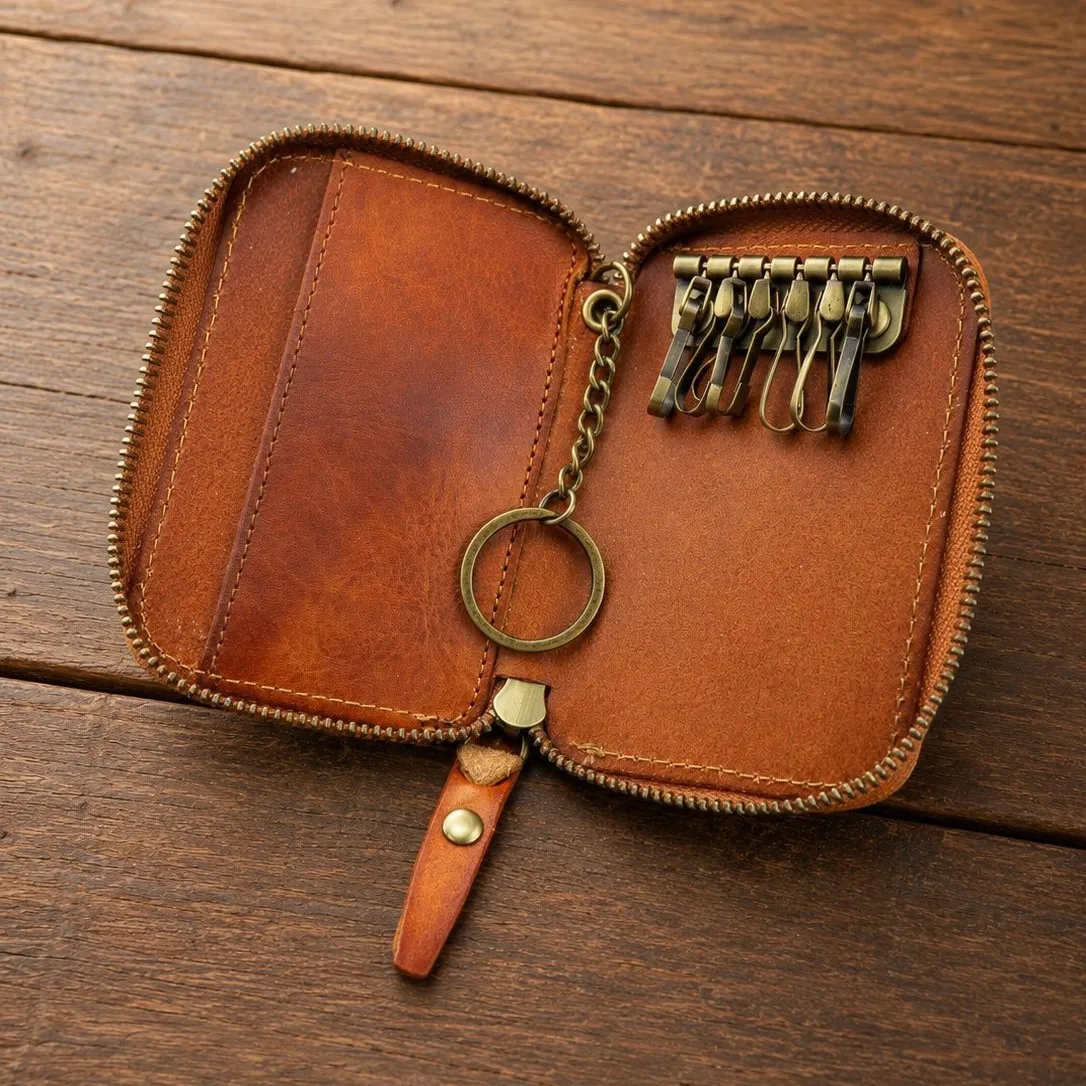 YETTIES Men's Handmade Vintage Leather Car Key Holder | Top Grain Cowhide Heavy-Duty Key Pouch & Coin Wallet with Clip