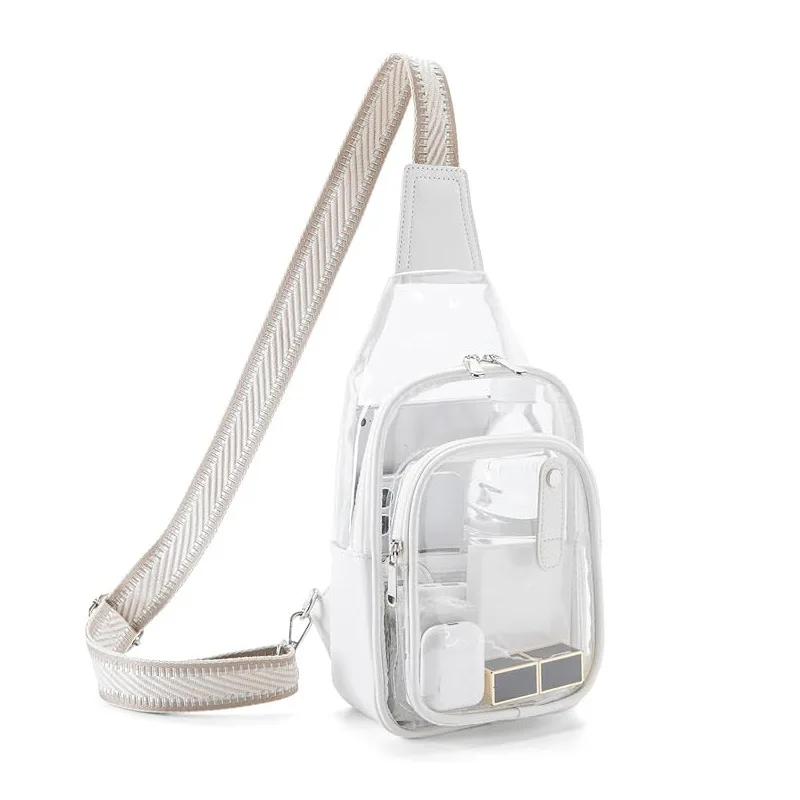 Bolsa de Peito em Couro com Detalhes em PVC, Bolsa Transparente de Ombro, Bolsa Transversal Fashion, Bolsa Feminina e Masculina