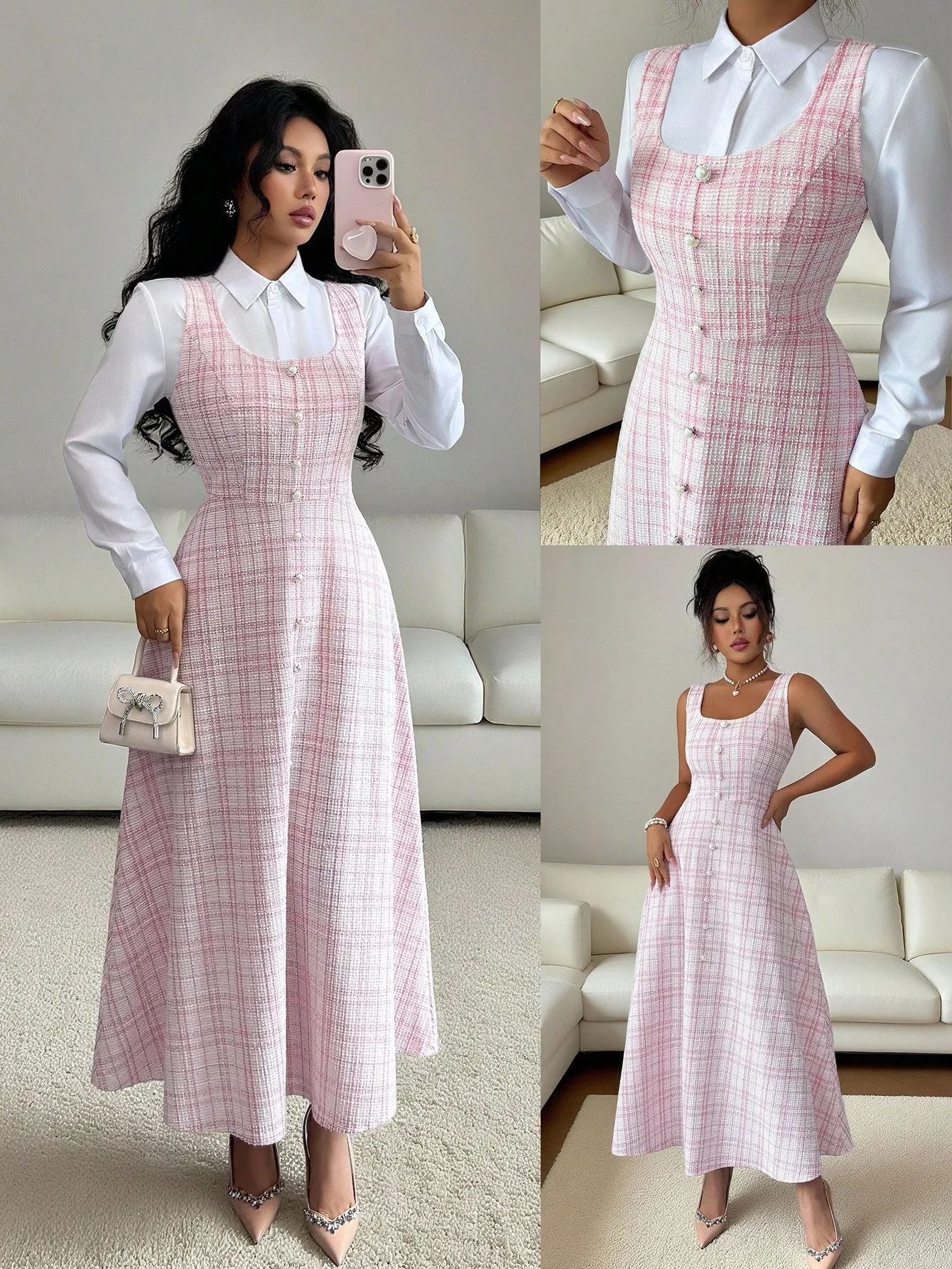 

Pink Plaid Sleeveless Midi Dress with Pearl Buttons and Square Neck