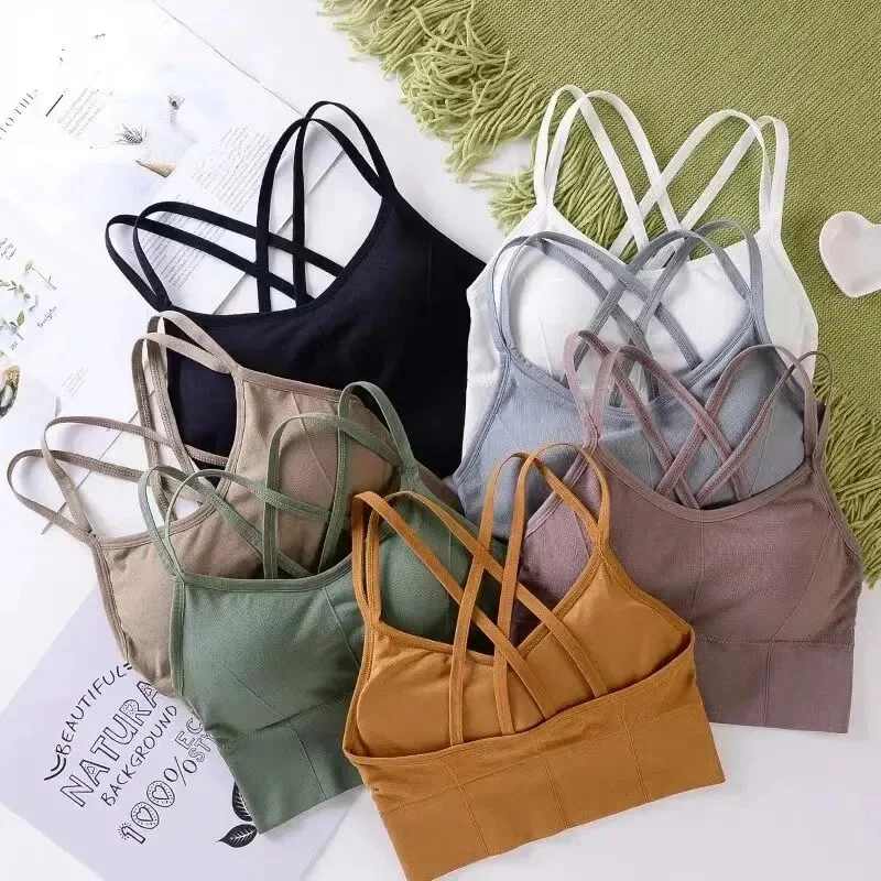 Sexy women Tops back cross strap tank top push up running sports bra breathable soft fitness beauty solid color yoga bra view 2
