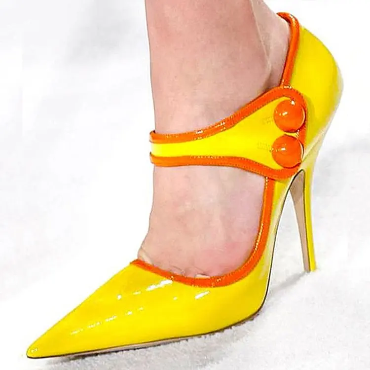 Yellow Stiletto Patent Leather Pumps Pointed Toe Evening Pump Heels Mixed Color Buckle Women Fashion Casual Shoes Summer