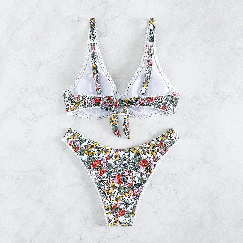 Elegant Floral Pattern Swimsuit Women Bikini Push Up Patchwork Lace Edge Triangle Thong Bikini Set 2025 New Sexy Lady Beachwear