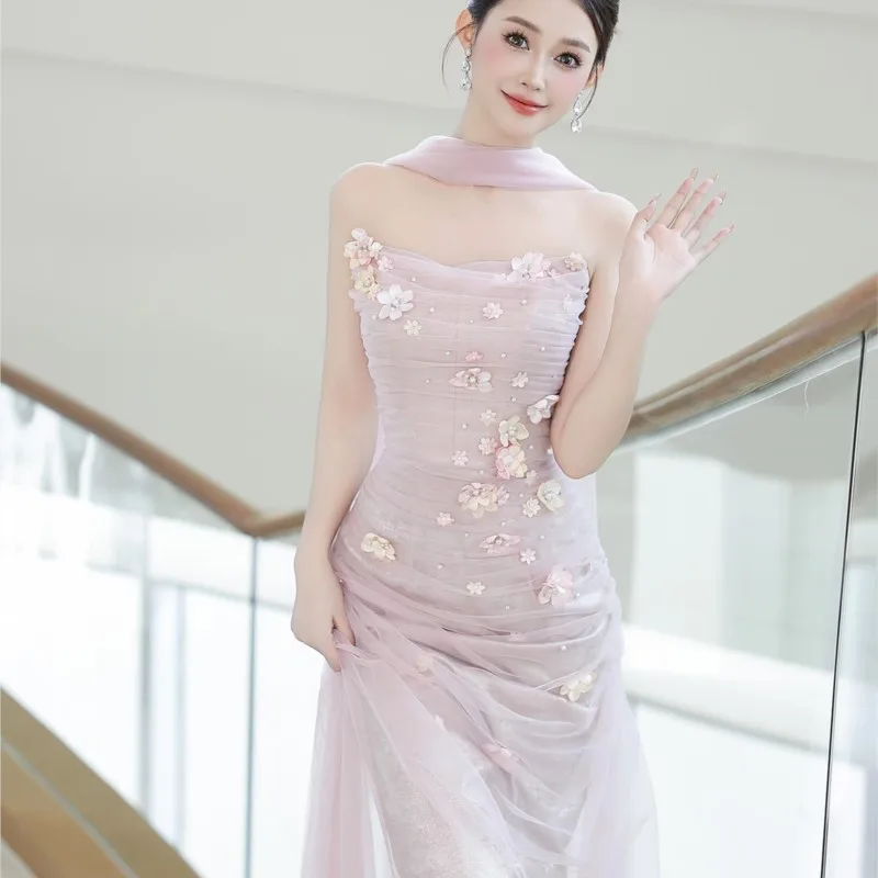 

New Chinese morning gown pink breast top sweet toasting dress