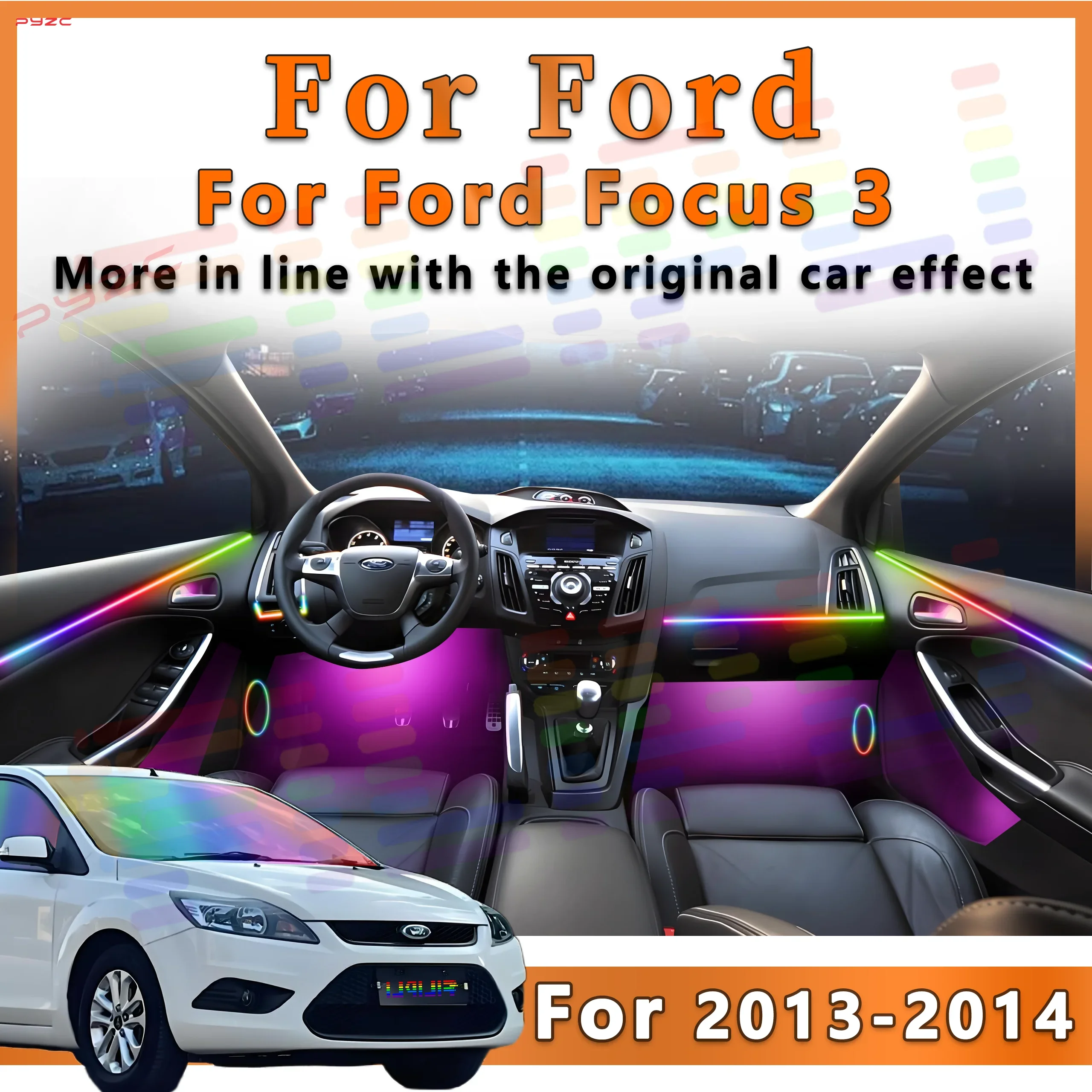 

Для Ford Focus 3 поколения 2013-2014 интерьер автомобиля окружающий светодиодный атмосферный свет приветствия скрытая внутренняя акриловая полоса приложение 64 цвета