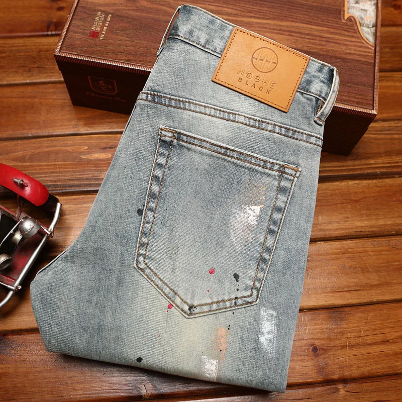 Broken hole retro jeans men's summer trend fashionable nostalgic classic street ruff handsome slim fit small leg denim pants