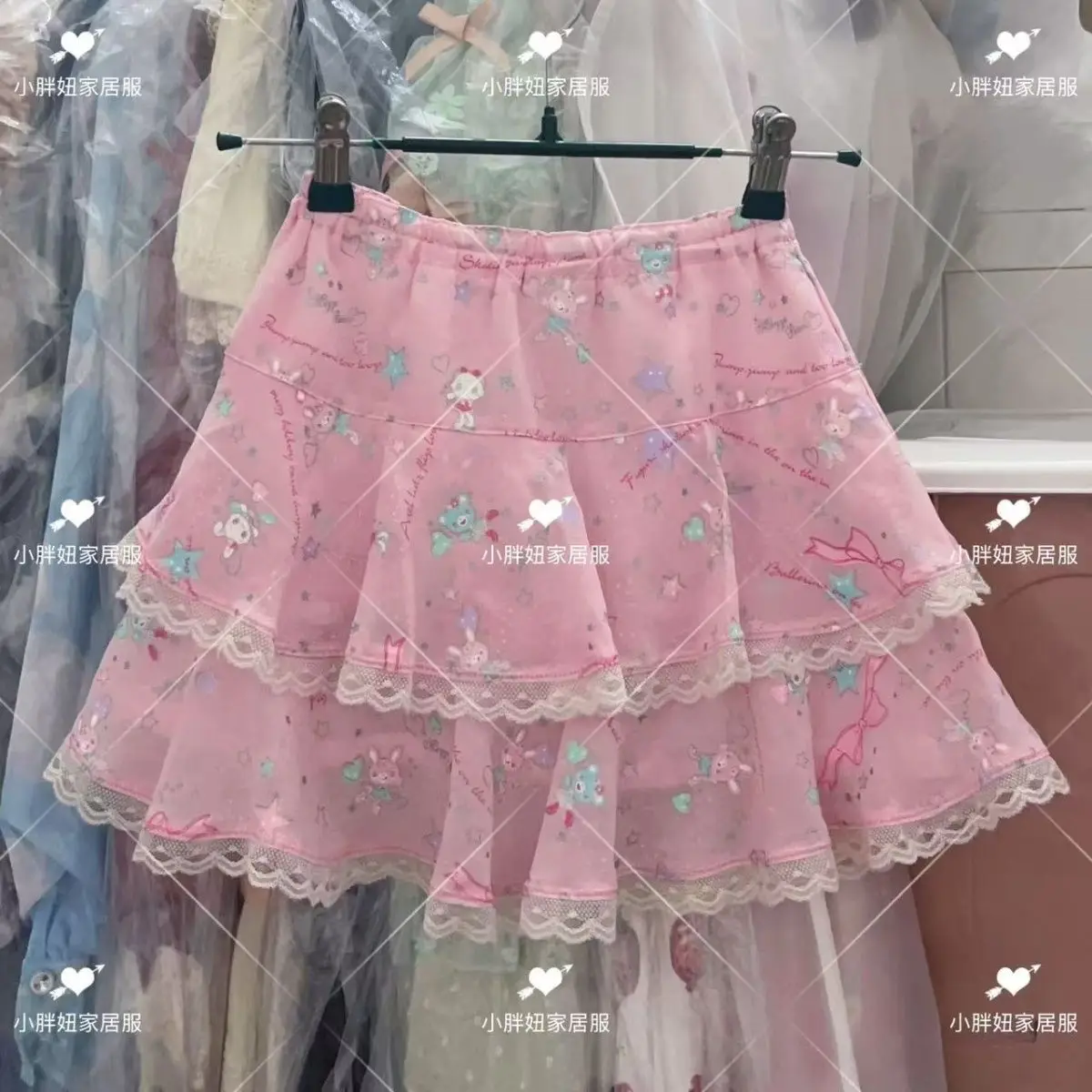 Summer New All Match Sweet Girl Fairy Y2k Skirt Japanese MP Cartoon Printed Lace Ruffle Edge Cute Pink Princess Mini Skirt
