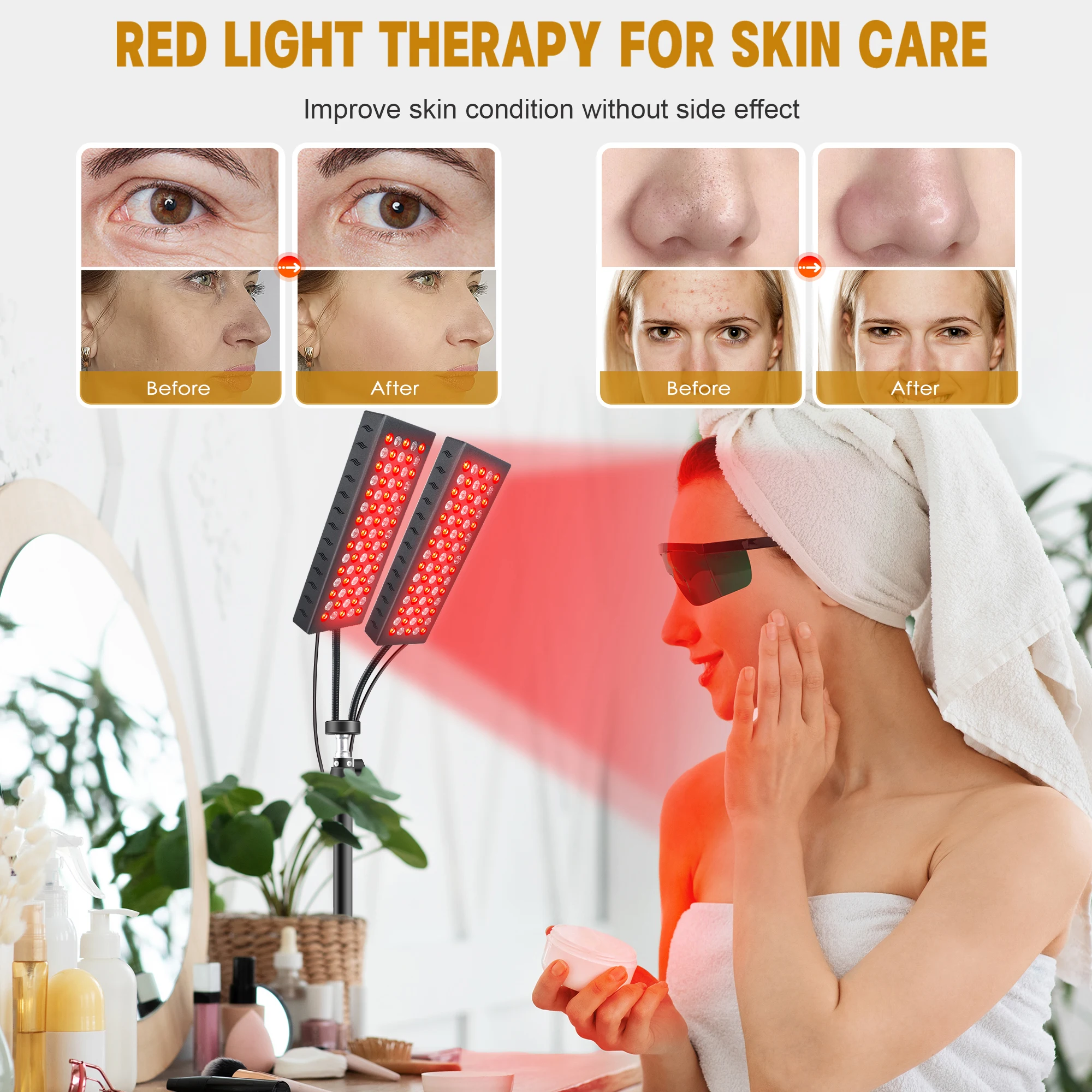 Home Beauty Device Red Light Therapy Floor Lamp Dual Head 660nm  LED Adjustable Height Full Body Pain Relief 360° Rotatable Pane view 4