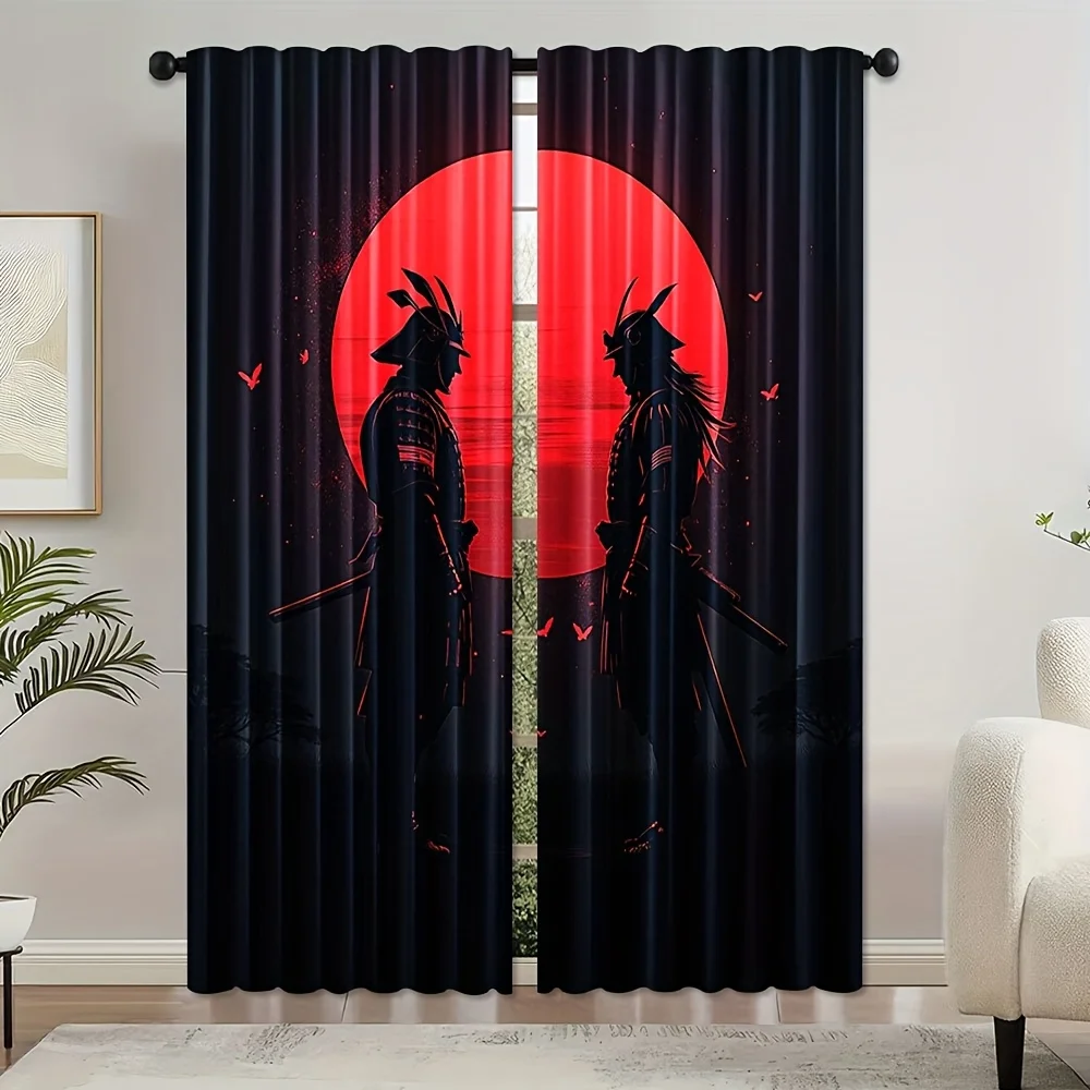 2pcs, Japanese Samurai Ink Pattern Doorway Curtains Light Filtering Rod Pocket Design for Living Room Bedroom Office