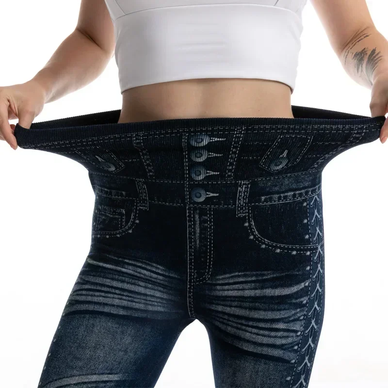 High Waist Faux Denim Jean Leggings Slim Elastic Seamless Skinny Pencil Pant Summer Female Workout Fashion Denim Jeans Leggings