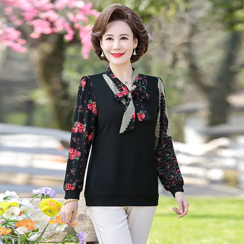 Female Clothing Printed Bowtie collar Shirt Bandage Spring Autumn New  Patchwork long sleeves Blouse