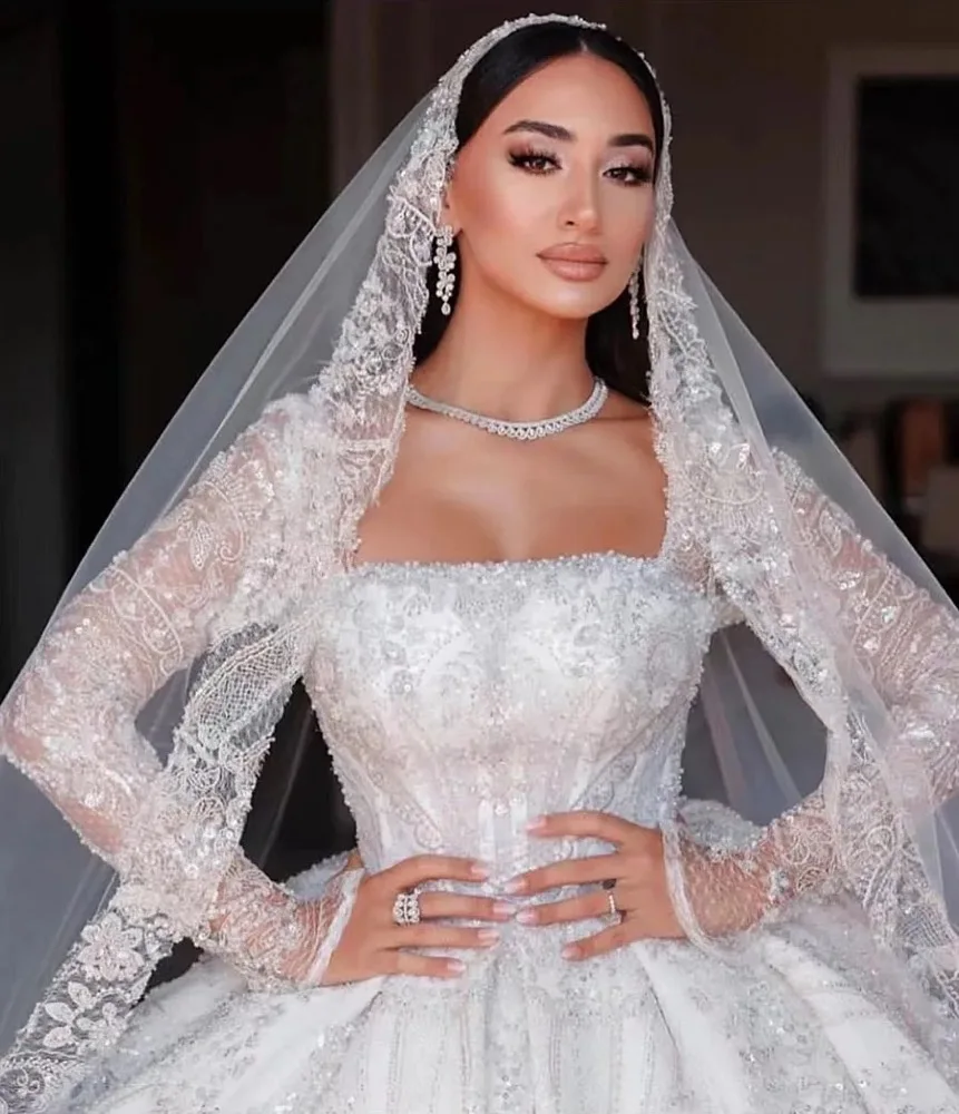 Elegant Long Sleeve Princess White Wedding Dresses Arabic A Line Wedding Gowns Beaded Pearl Bridal Dress Women Bride Dress