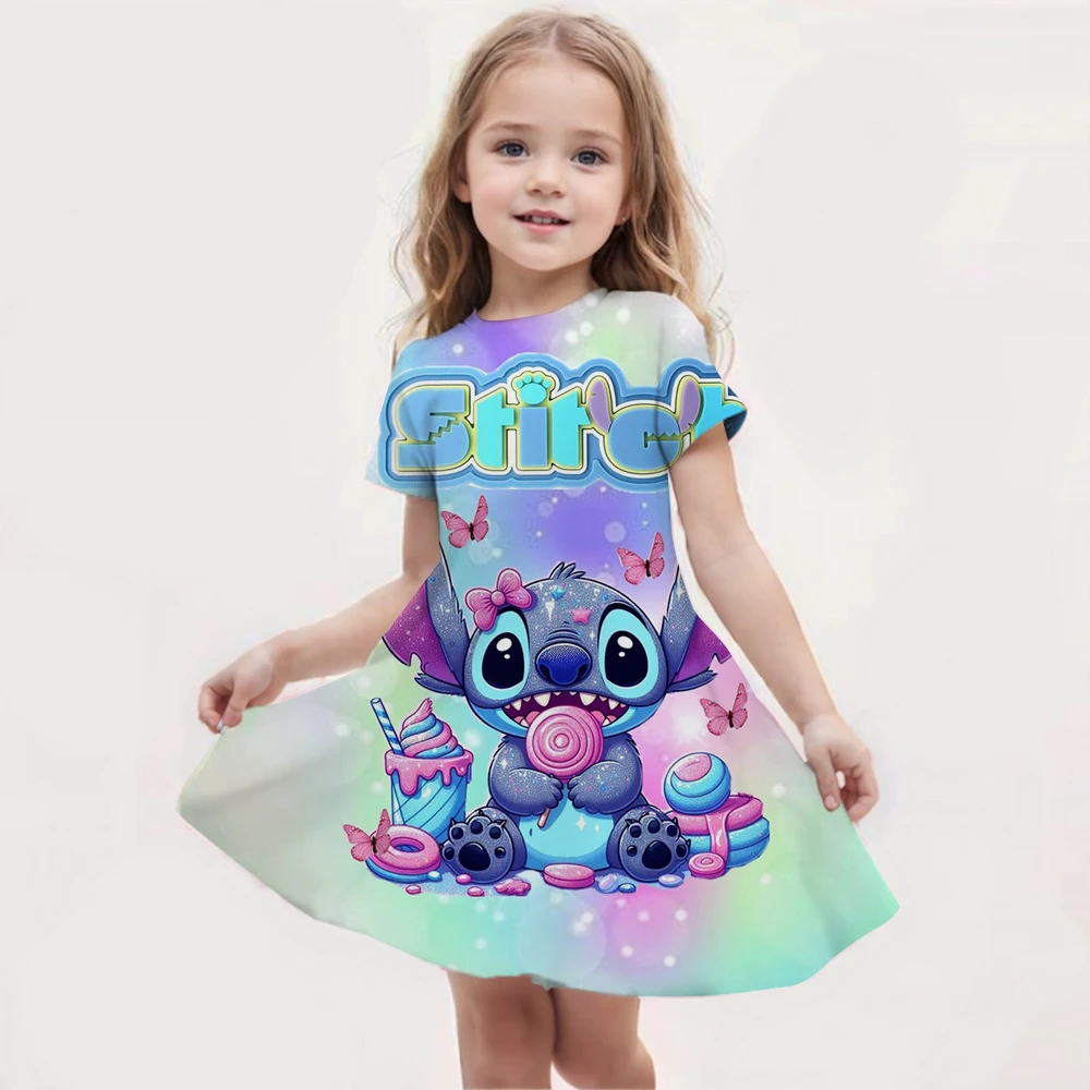 

2025 Summer Girls Gift Short Sleeve Dress Original Cute Stitch 3d Print Kids Skirt Fashion Performance Clothes Child Casual Wear