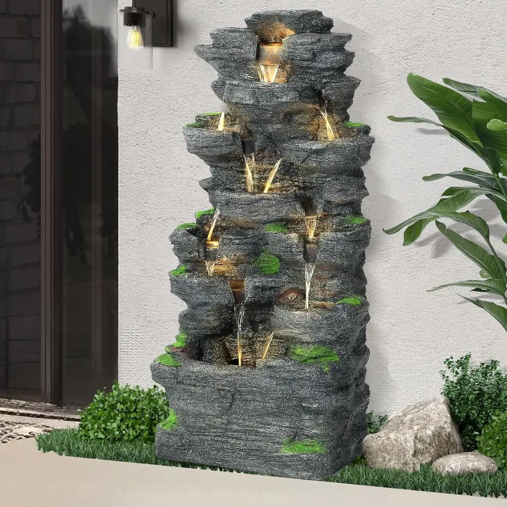 

40 Inch 10-Tier Rock Waterfall Fountain with LED Lights - Outdoor/Indoor Resin for Patio, Garden, Deck, Home Decor