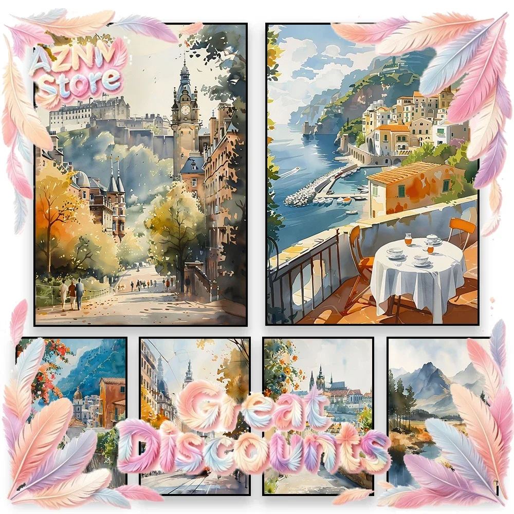 (2D canvas painting)  Retro Europe Travel City Paris Edinburgh Amalfi Coast Landscape Poster Canvas Painting Wall Art Picture