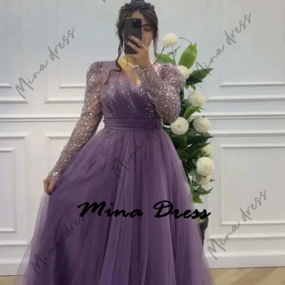 

Mina Customized Long Sleeve Elegant Party Dresses 2024 for Wedding Dresses for Formal Occasions Sequins V-neck Evening Gown Prom