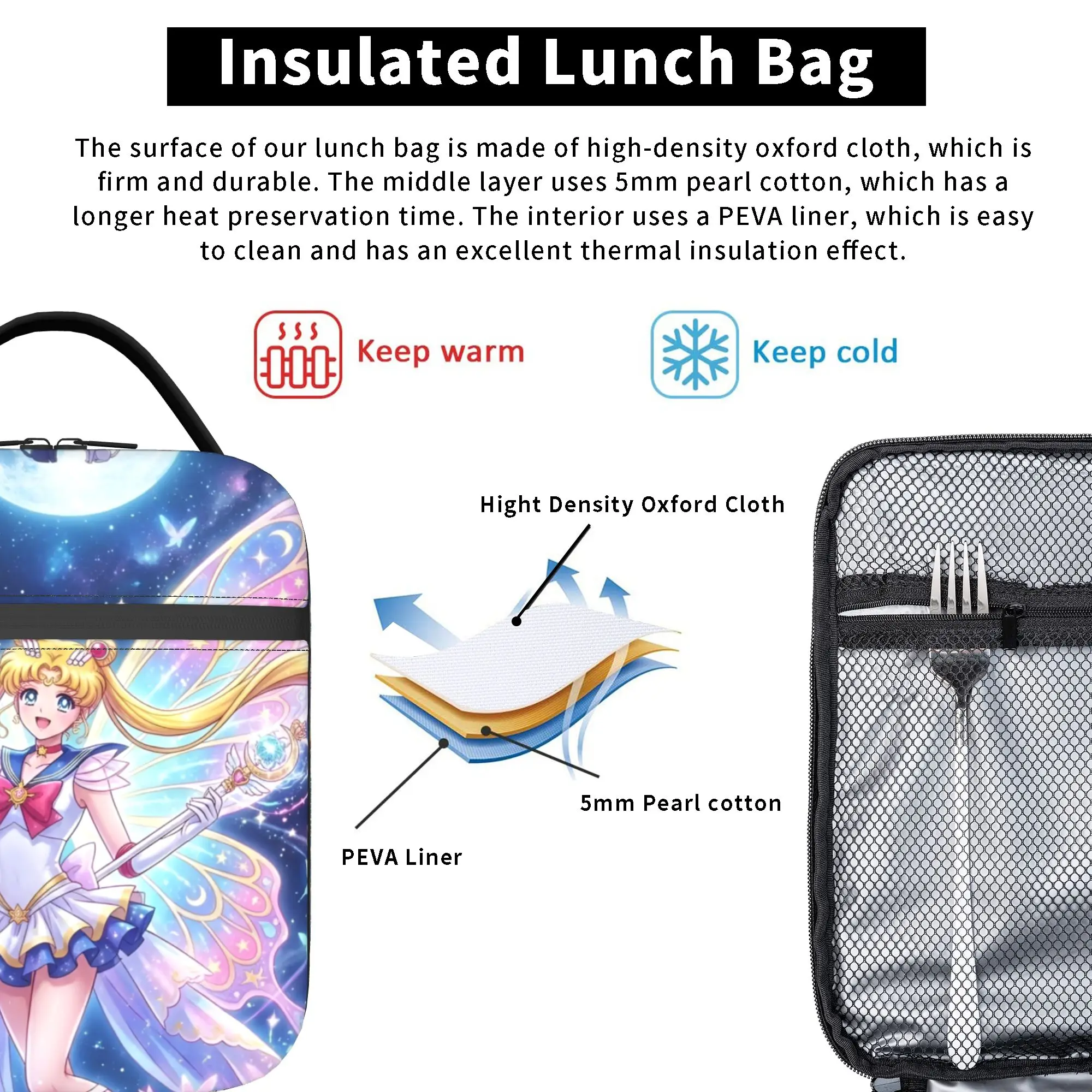 Custom S-Sailors Moons Portable Lunch Box Leakproof Anime Cartoon Thermal Cooler Food Insulated Lunch Bag School Student - view 3