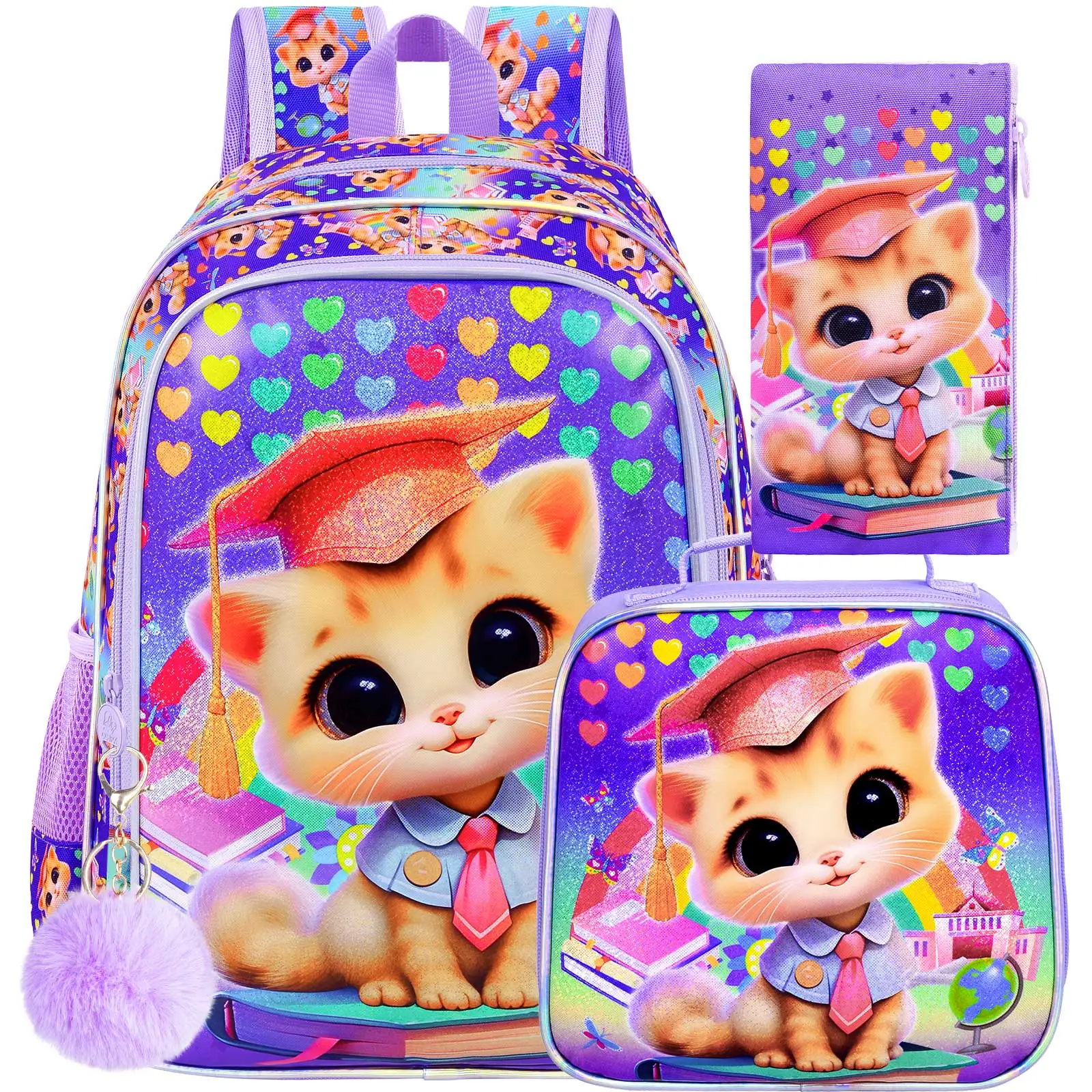 

3PCS Kids Cat Backpack for Boys, 16" Kids Bookbag with Lunch Box, Water Resistant School Bag for Elementary Prechool Toddler