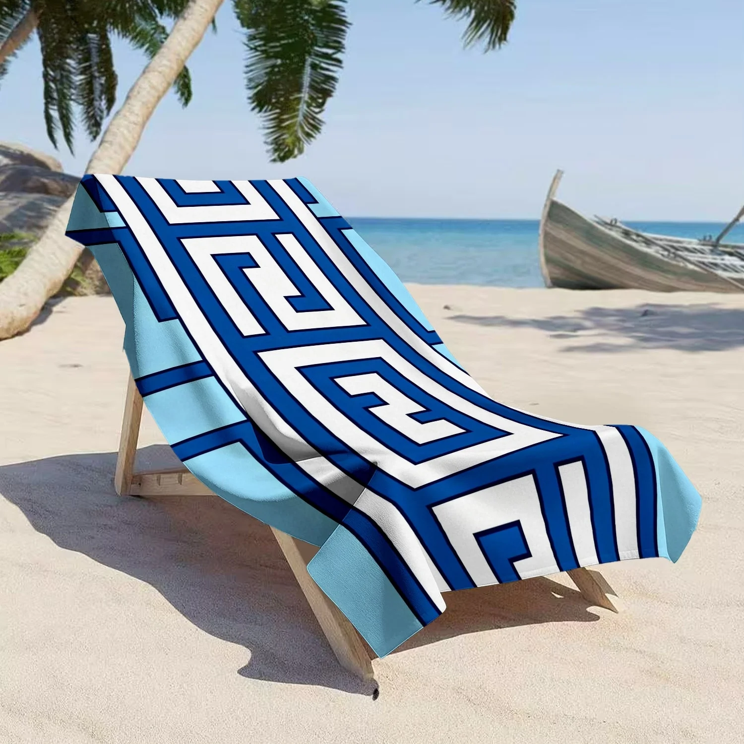 Mediterranean Greek Key Beach Towel, Classic Blue & White Meander Pattern Bath Towel, Timeless Coastal Decorative Beach Blanket
