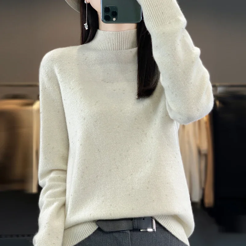 

100% Merino Wool Sweater Women Mock-neck Cashmere Knitwear Female Pullover Autumn Winter Casual Tops Color dots Soft Clothing