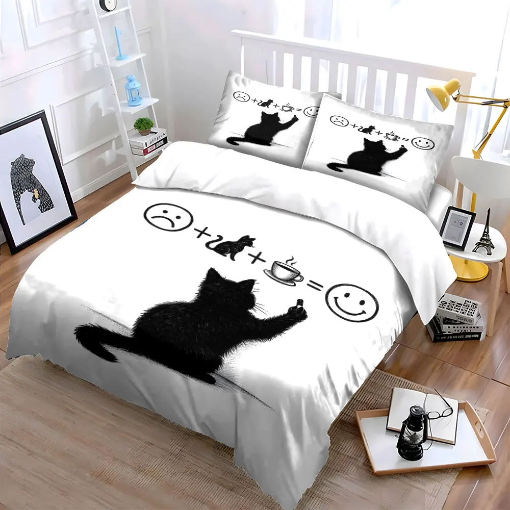 Black cat writing happiness formula Print Bedding Set 1 Duvet Cover 2 Pillowcases for Adult and Children Luxury Gift Full Size