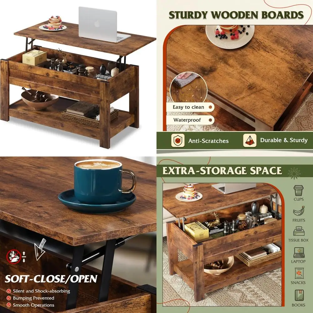 

Rustic Brown 39 Lift Top Coffee Table with Storage Shelf and Hidden Compartment for Living Room