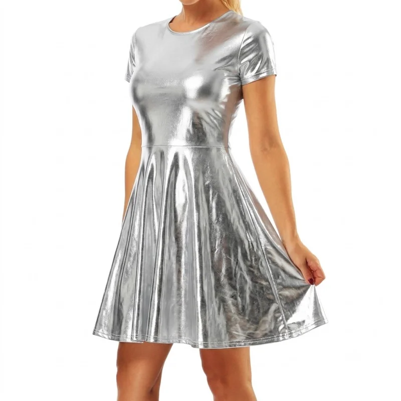 Glänzendes, kurzes Kleid mit Rundhalsausschnitt, Skater-Schnitt, Mini-Länge, Laser-Regenbogen-Silber-Lila, ausgestelltes, fließendes Design, Kostüm, Party, Club, Nachtclub-Kleid – Detail 4