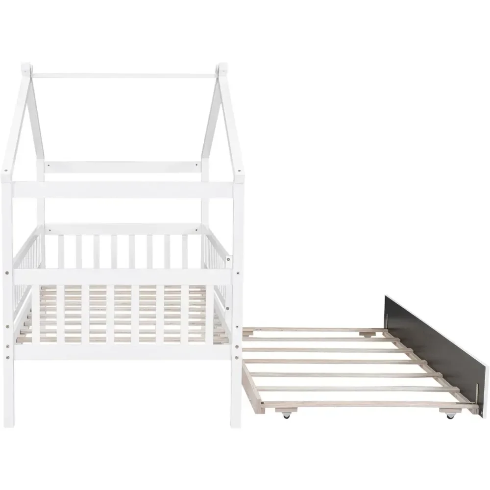 Twin Size Wooden House Bed with Twin Size Trundle for Kids, Wood Platform Bed Frame with Fence, Roof, and Safety Guardrail