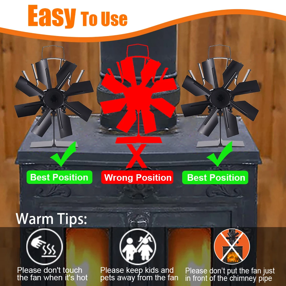 Wentylator kominkowy z 8 łopatkami, akcesoria do pieca na drewno, cichy, energooszczędny, z wysokim wydajnością rozpraszania ciepła, do użytku wewnątrz, na zimę, na zewnątrz, na kemping.