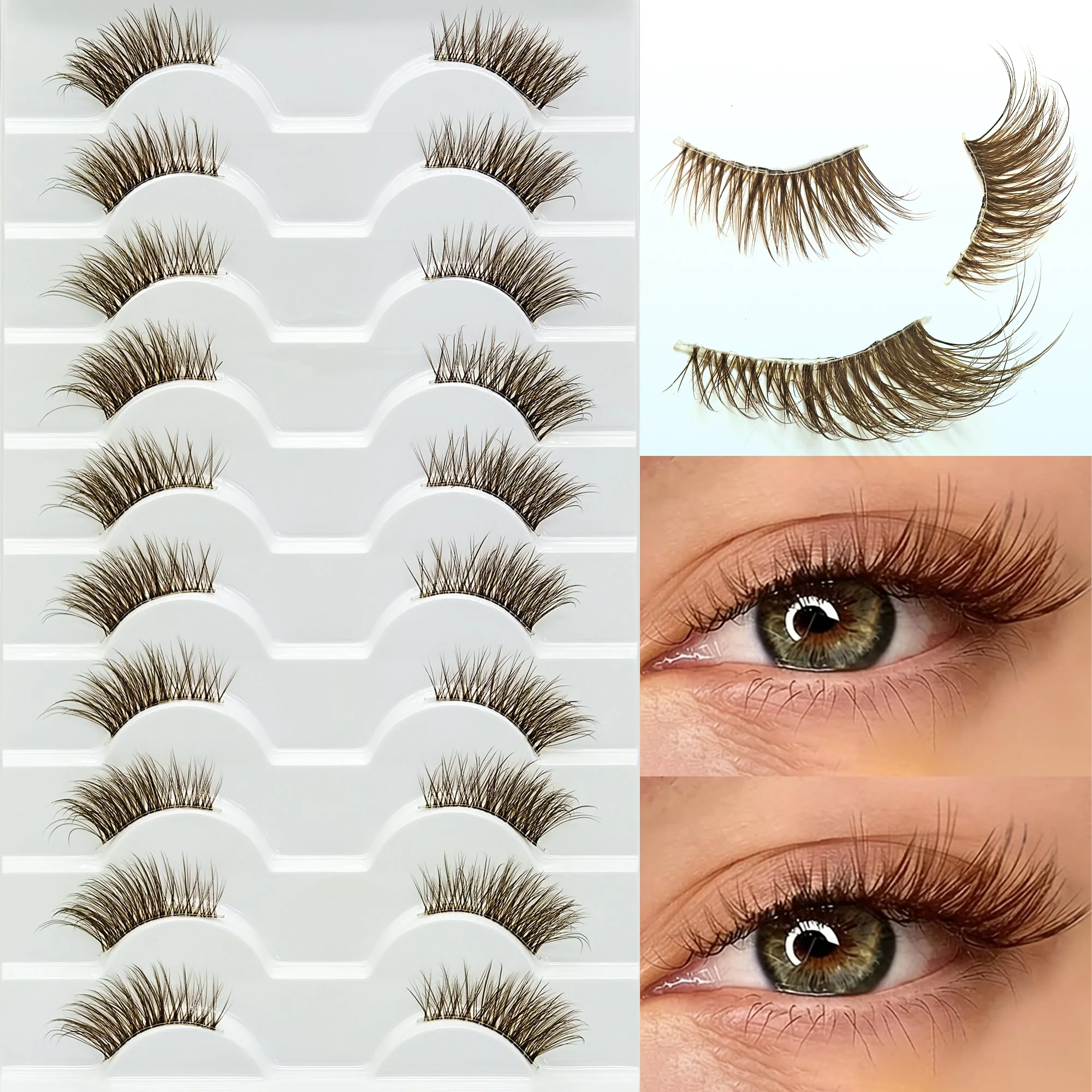 10 Paar braune halb-lange Katzenaugen-Wimpern (5–15 mm)