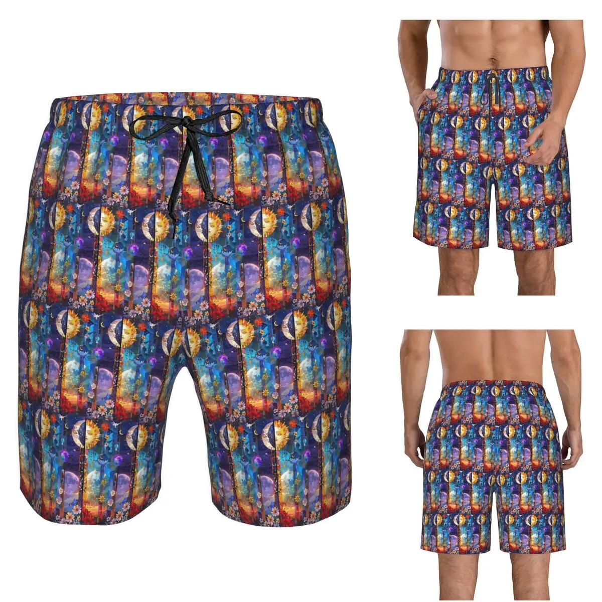 Trendy Sun Moon Boho Cosmos Astrology Trunks Beach Board Shorts Casual Quick Dry Swim Summer Men Pants