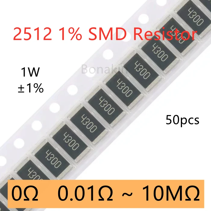 50pcs 2512 1% SMD Resistor 0.01R0.02R0.05R0.1R0.2R0.25R0.5R0.33R0R1R2R4.7R5.1R10R20R22R33R51R100R200R1K2K4.7K5.1K10K100K1MΩ ohm