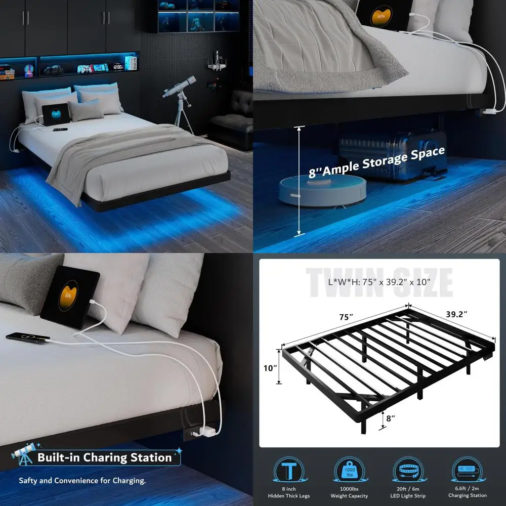 إطار سرير عائم بحجم مزدوج من iPormis مع قاعدة شحن وإضاءة LED، إطار سرير بمنصة معدنية مع شرائح فولاذية شديدة التحمل S #1