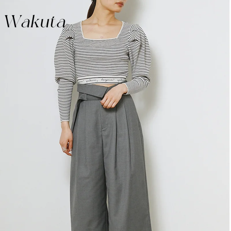 WAKUTA Japanese Retro Square Neck Bubble Sleeve Knit Pullovers Fashion Commuter Short Knit Sweaters Poleras De Invierno Mujer