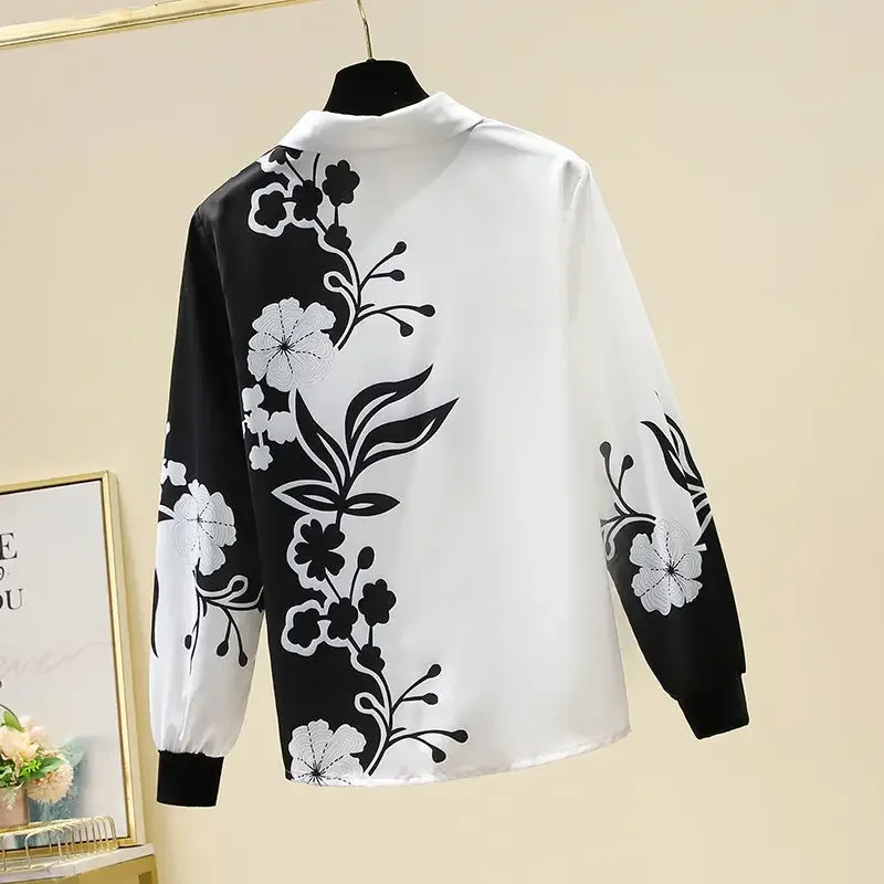 Spring Autumn New Chiffon Printing Blouse Ladies Long Sleeve Polo Neck Loose Fashion Shirt Tops Vintage Elegant Women Clothing