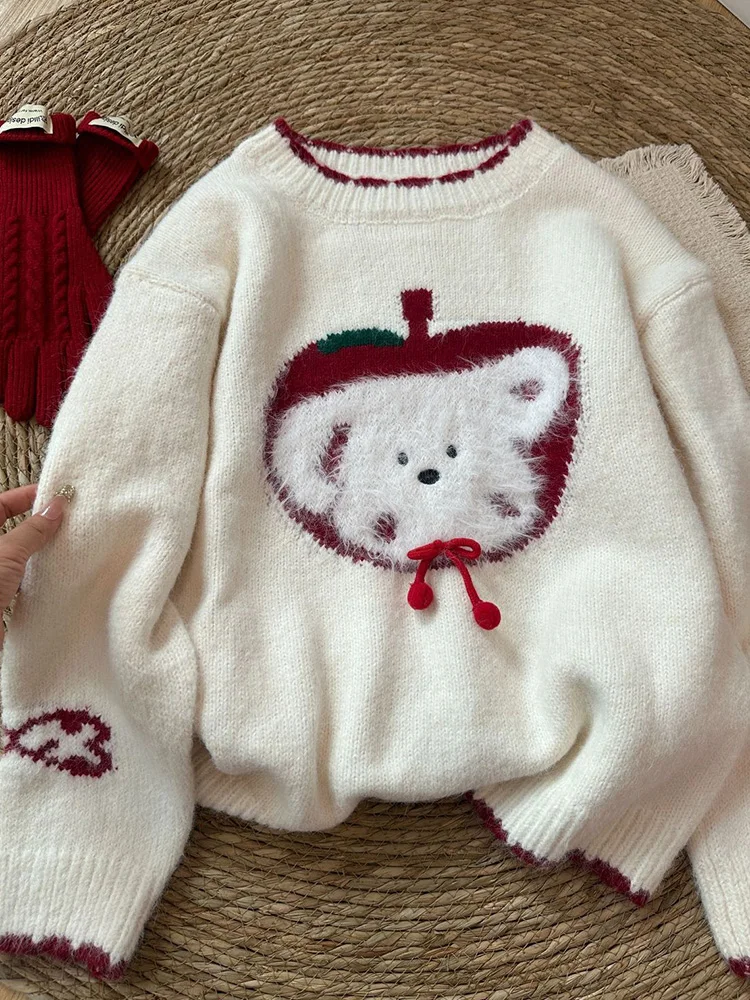 Maglione stile preppy simpatico cartone animato da donna vintage a maniche lunghe dolce maglione lavorato a maglia casual vento pigro coreano signora autunno inverno top